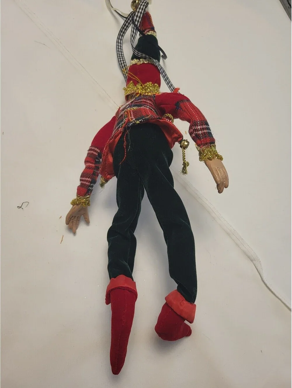 Vintage Elf Doll with Red Plaid Shirt and Velvet Pants 18.5x7.5